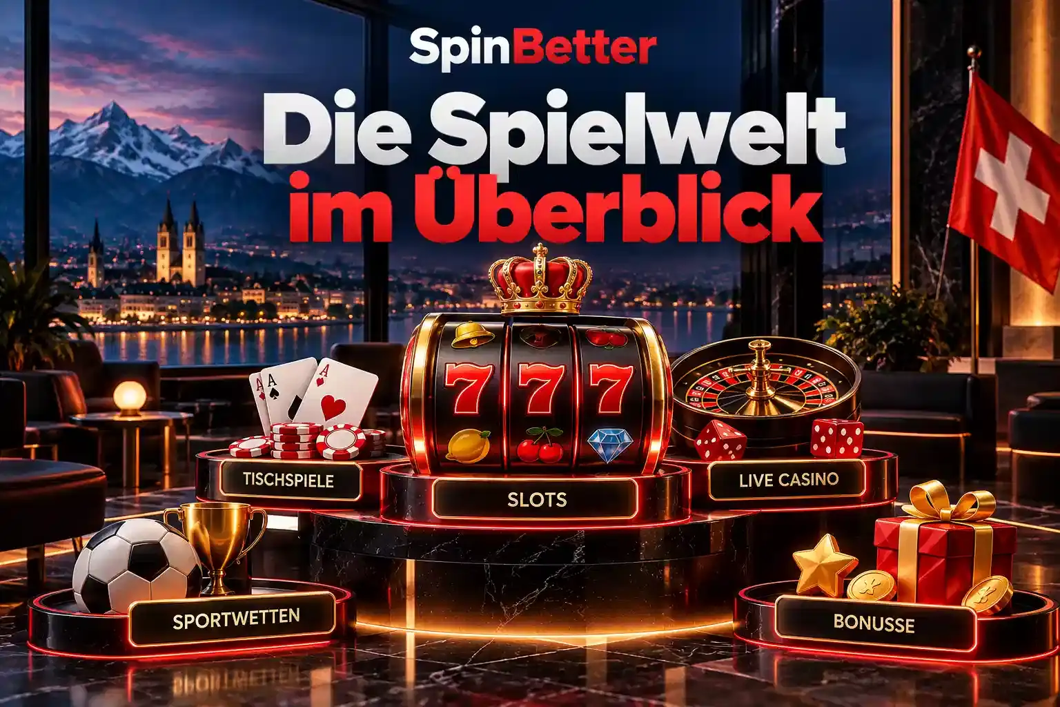 Spielwelt von SpinBetter mit Slots, Live-Casino, Tischspielen, Sportwetten und Bonusbereich