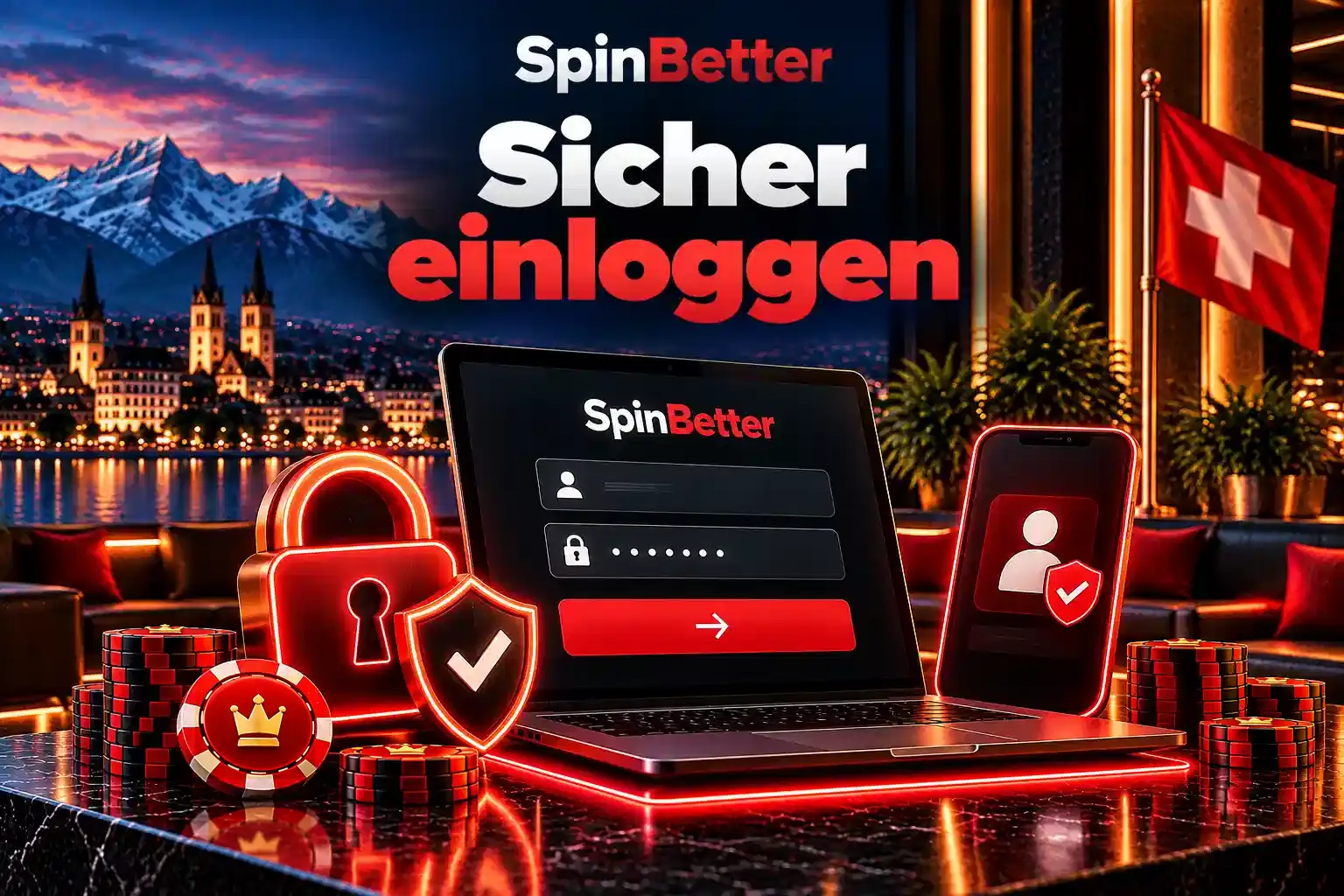 Login SpinBetter casino am Laptop mit Schloss-Symbol und Anmeldeformular