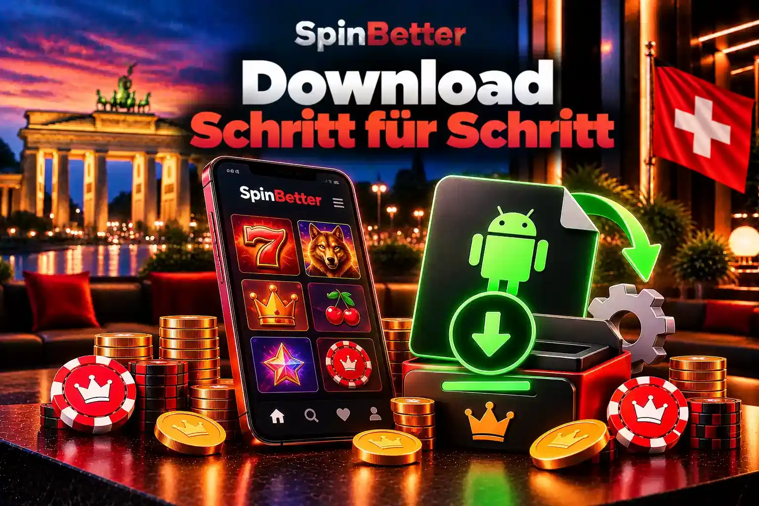 SpinBetter App Download für Android: Smartphone mit grünem Android-Symbol und Download-Pfeil