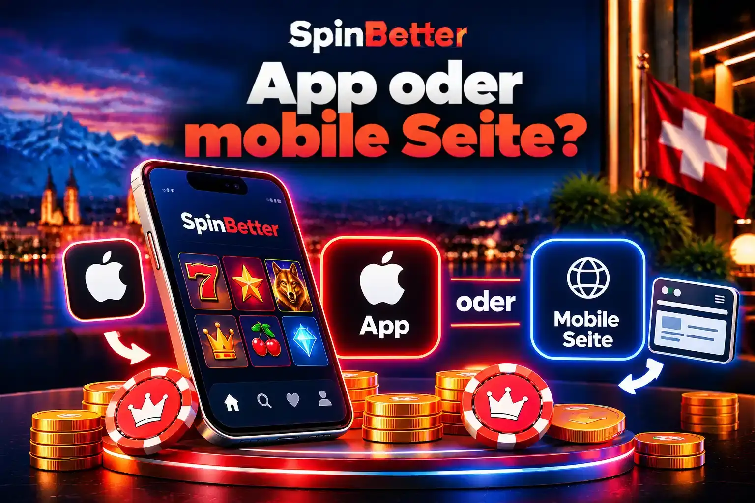 App oder mobile Seite: Smartphone mit Apple- und Android-Symbol neben Browser-Symbol