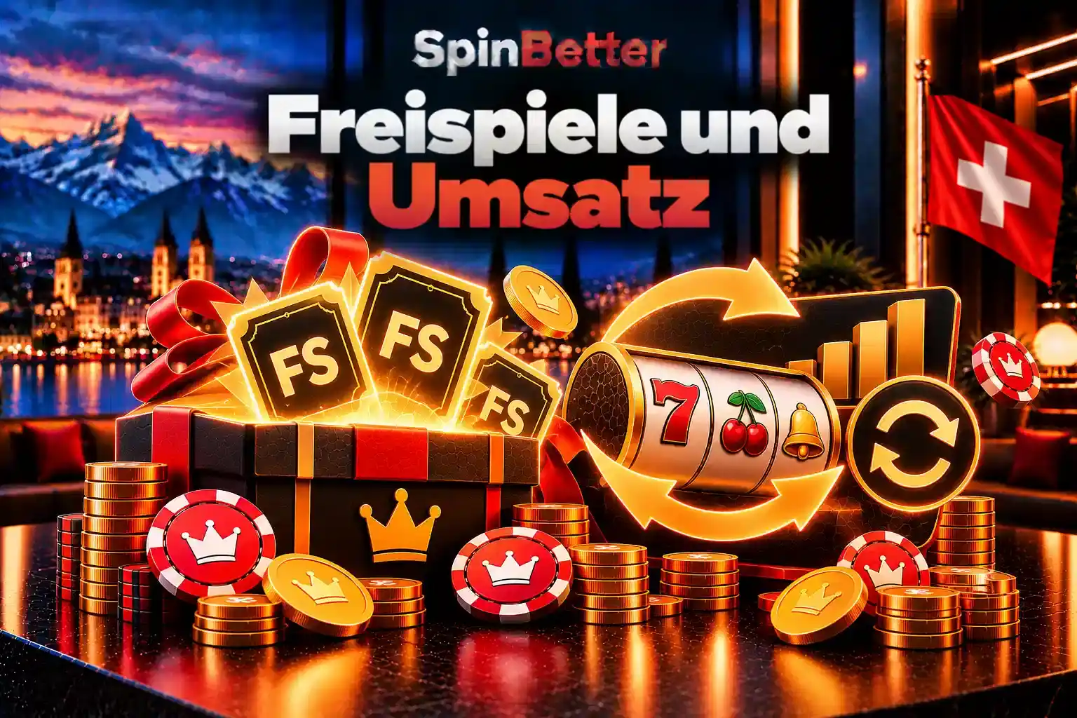 Freispiele und Umsatz: FS-Symbole, Walzen mit Sieben und Pfeile für den Umsatzkreislauf