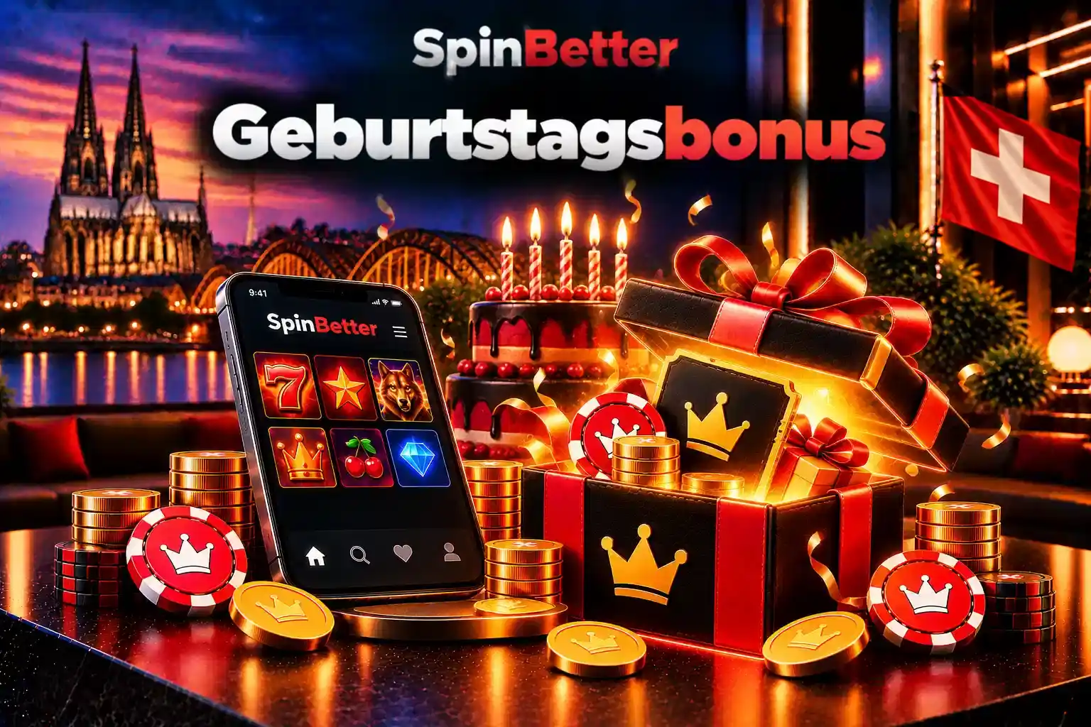 Geburtstagsbonus im Casino: Geschenkbox mit Freispielen, Kuchen und Smartphone