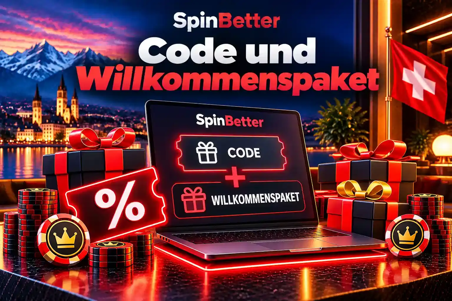 SpinBetter Aktionscode und Willkommenspaket: Code-Feld neben Geschenkbox und Prozentzeichen