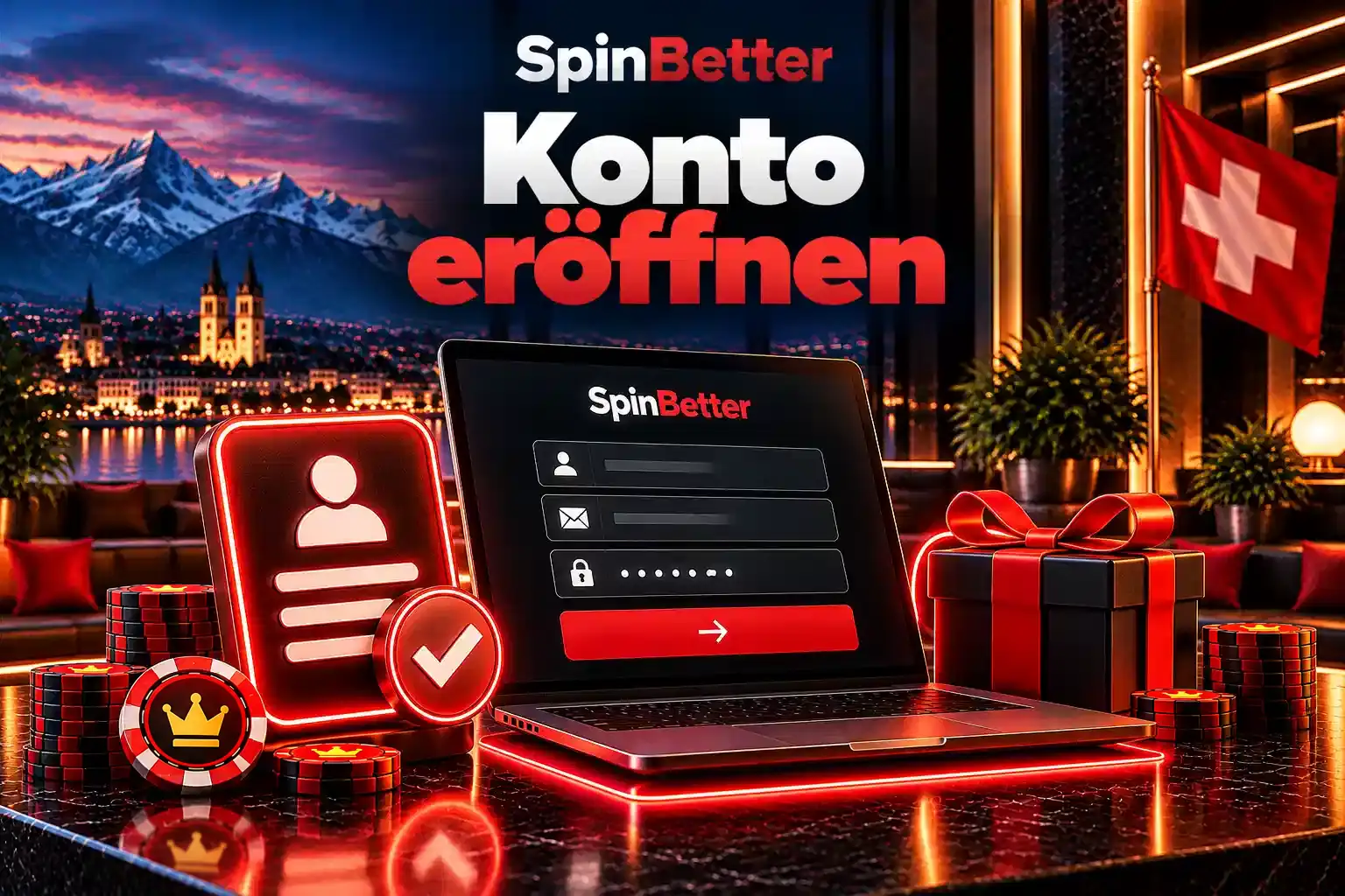 SpinBetter registration: Anmeldeformular mit Profilsymbol und Häkchen auf dem Laptop