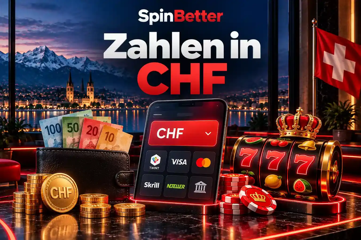Kasse mit CHF-Konto und Zahlungsmethoden Visa, Mastercard, Skrill und Neteller